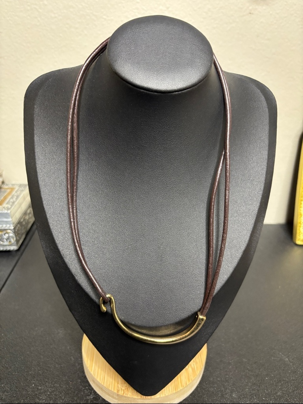 Geometric Brown Leather Cord Necklace with Gold Tone Hook Accent